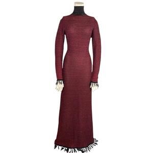 Floriane Fosso Paris Lurex Knit Maxi Dress M Fringe Hem 70s Style Turtleneck